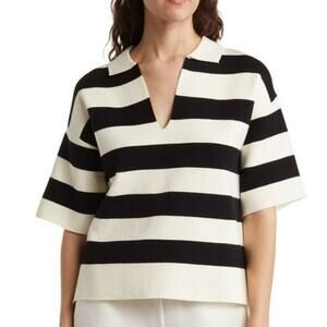 Tahari Navy Cream Striped Sweater Knit Polo Top Women’s Large